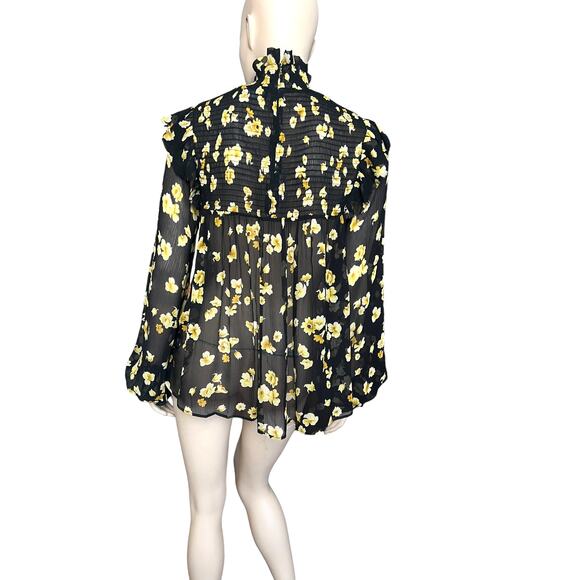 The Kooples Funnel Neck 100% Silk Sheer Smocked Floral Blouse Size Small - Picture 8 of 16
